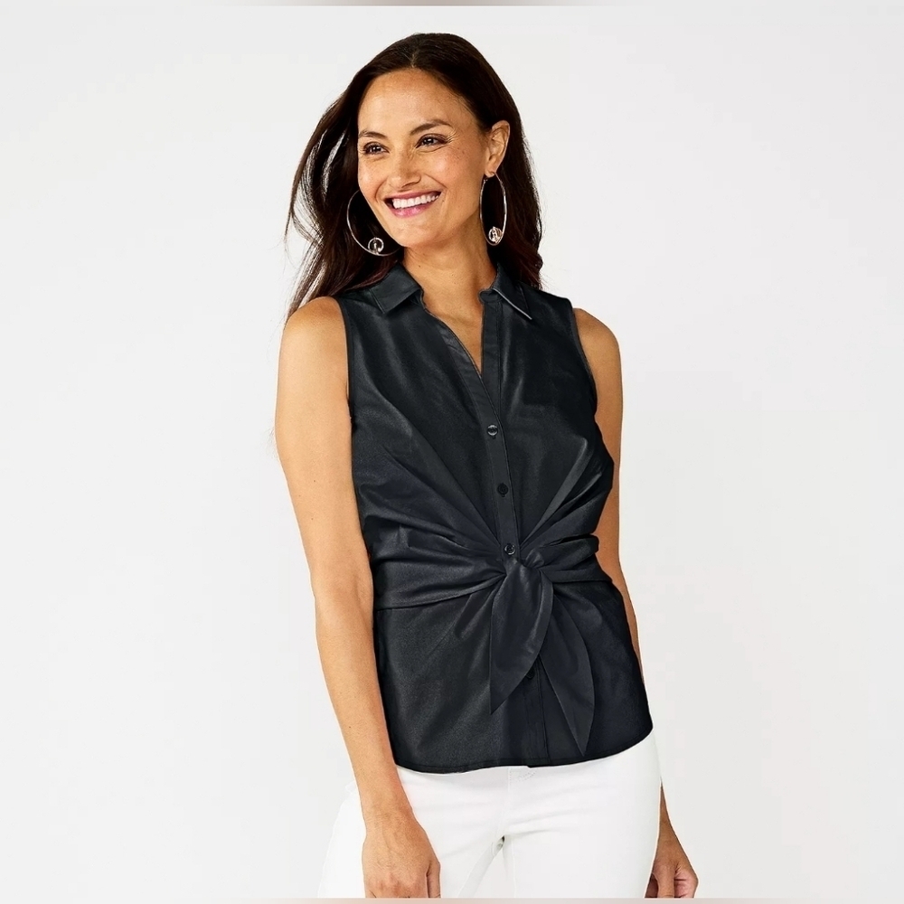Nine West Sleeveless Tie Front Shirt Women's Size XXL In Black Cotton